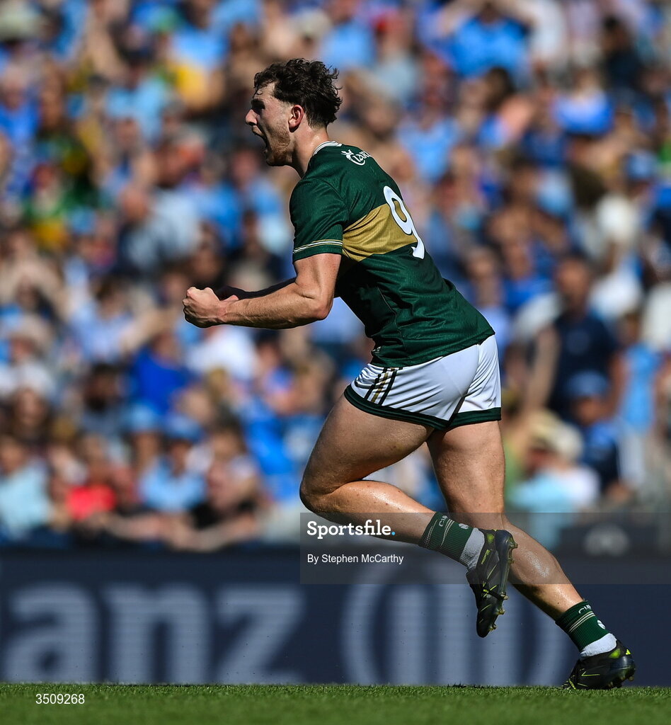 12 July 2026; Seán O'Brien of Kerry celebrates his side's second goal during the GAA Football All-Ireland Senior Championship semi-final match between Dublin and Kerry at Croke Park in Dublin. Photo by Stephen McCarthy/Sportsfile