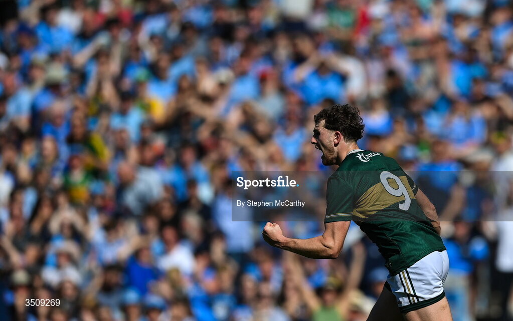 12 July 2026; Seán O'Brien of Kerry celebrates his side's second goal during the GAA Football All-Ireland Senior Championship semi-final match between Dublin and Kerry at Croke Park in Dublin. Photo by Stephen McCarthy/Sportsfile