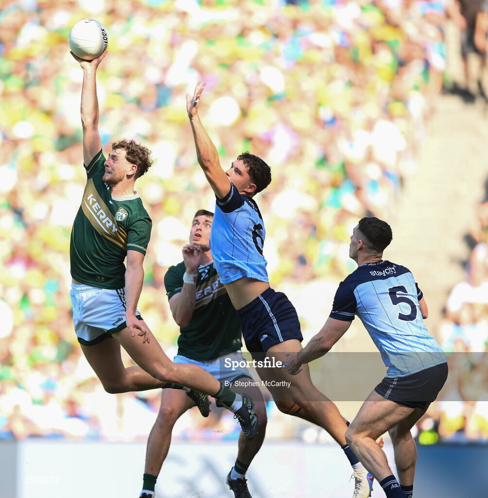 12 July 2026; Seán O'Brien of Kerry celebrates after scoring his side's second goal during the GAA Football All-Ireland Senior Championship semi-final match between Dublin and Kerry at Croke Park in Dublin. Photo by Stephen McCarthy/Sportsfile