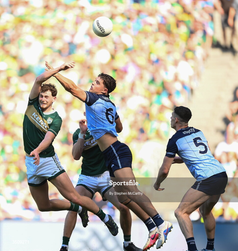 12 July 2026; Seán O'Brien of Kerry celebrates after scoring his side's second goal during the GAA Football All-Ireland Senior Championship semi-final match between Dublin and Kerry at Croke Park in Dublin. Photo by Stephen McCarthy/Sportsfile
