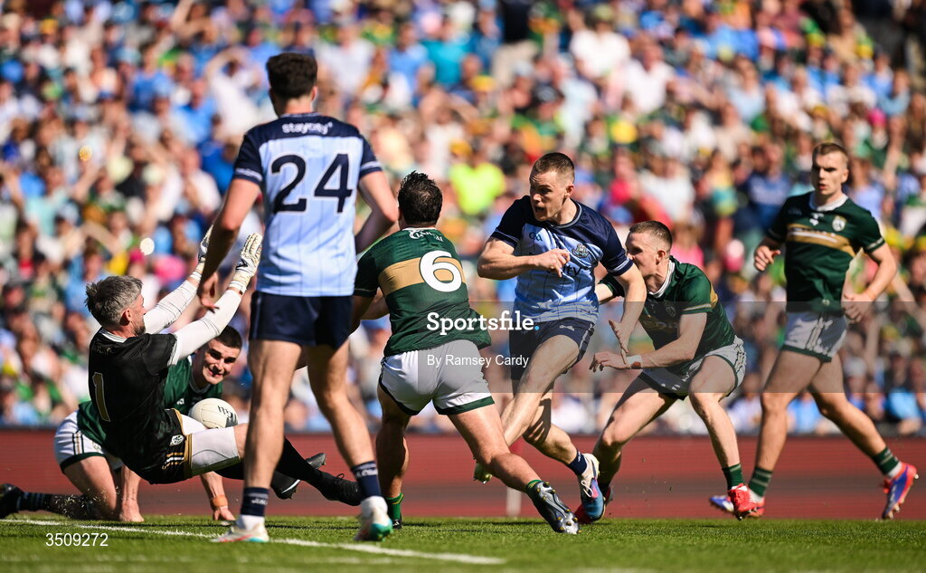 12 July 2026; Con O'Callaghan of Dublin has a shot at goal saved by Kerry goalkeeper Shane Murphy during the GAA Football All-Ireland Senior Championship semi-final match between Dublin and Kerry at Croke Park in Dublin. Photo by Ramsey Cardy/Sportsfile