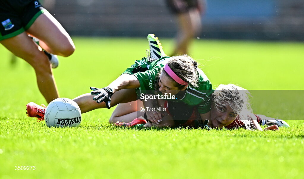 12 July 2026; Sarah Britton of Fermanagh in action against Niamh McClory of Down during the LGFA TG4 All-Ireland Intermediate Championship semi-final match between Down and Fermanagh at St Tiernach’s Park in Clones, Monaghan. Photo by Tyler Miller/Sportsfile