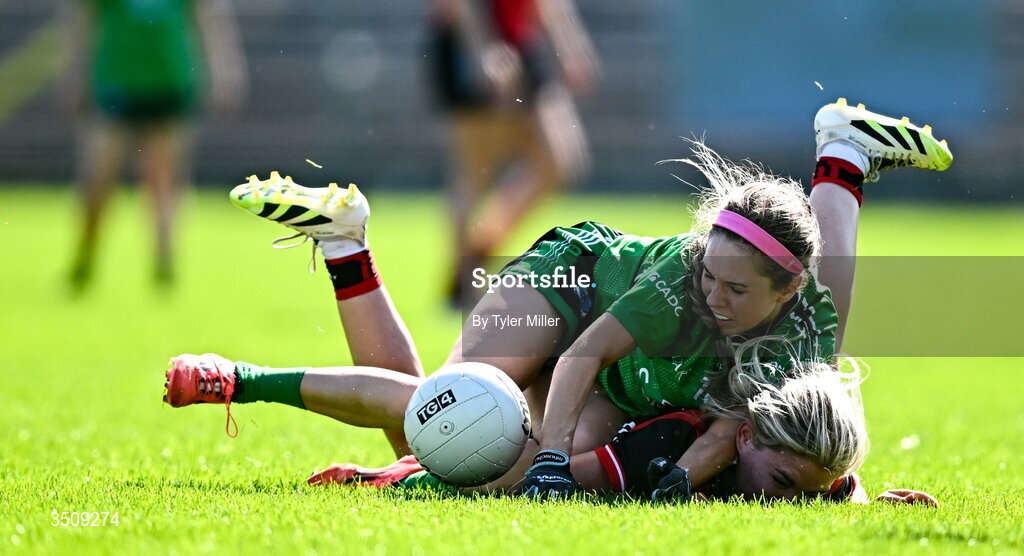 12 July 2026; Sarah Britton of Fermanagh in action against Niamh McClory of Down during the LGFA TG4 All-Ireland Intermediate Championship semi-final match between Down and Fermanagh at St Tiernach’s Park in Clones, Monaghan. Photo by Tyler Miller/Sportsfile