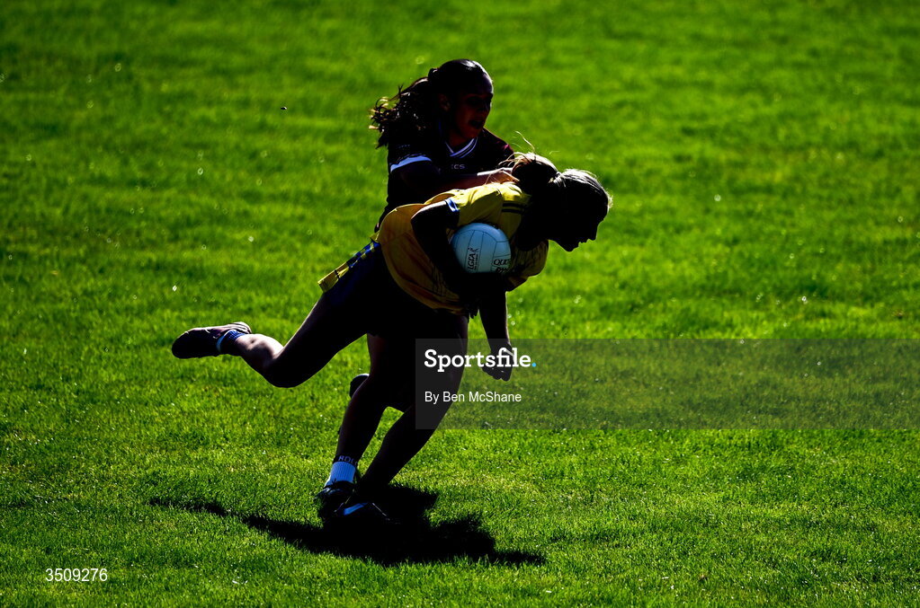 12 July 2026; Kate Nolan of Roscommon is tackled by Ashley Ruane of Westmeath during the LGFA TG4 All-Ireland Intermediate Championship semi-final match between Roscommon and Westmeath at Kingspan Breffni in Cavan. Photo by Ben McShane/Sportsfile