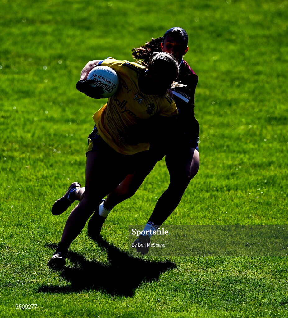 12 July 2026; Kate Nolan of Roscommon is tackled by Ashley Ruane of Westmeath during the LGFA TG4 All-Ireland Intermediate Championship semi-final match between Roscommon and Westmeath at Kingspan Breffni in Cavan. Photo by Ben McShane/Sportsfile