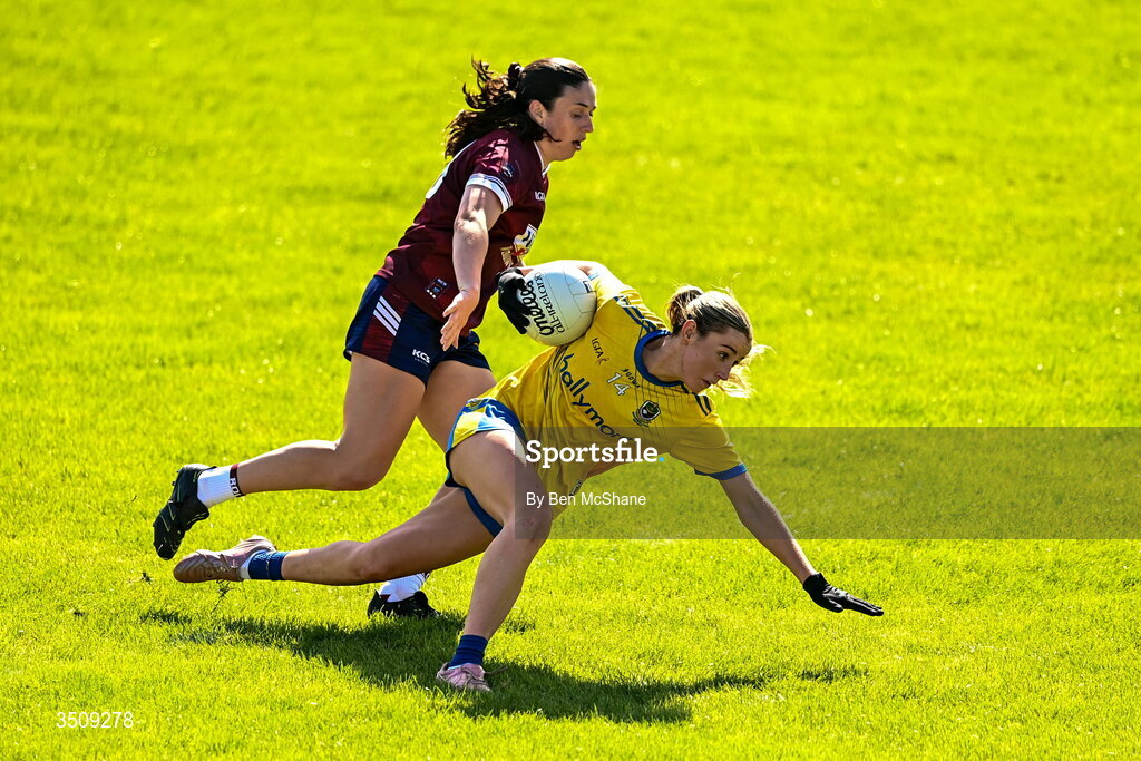 12 July 2026; Kate Nolan of Roscommon is tackled by Ashley Ruane of Westmeath during the LGFA TG4 All-Ireland Intermediate Championship semi-final match between Roscommon and Westmeath at Kingspan Breffni in Cavan. Photo by Ben McShane/Sportsfile