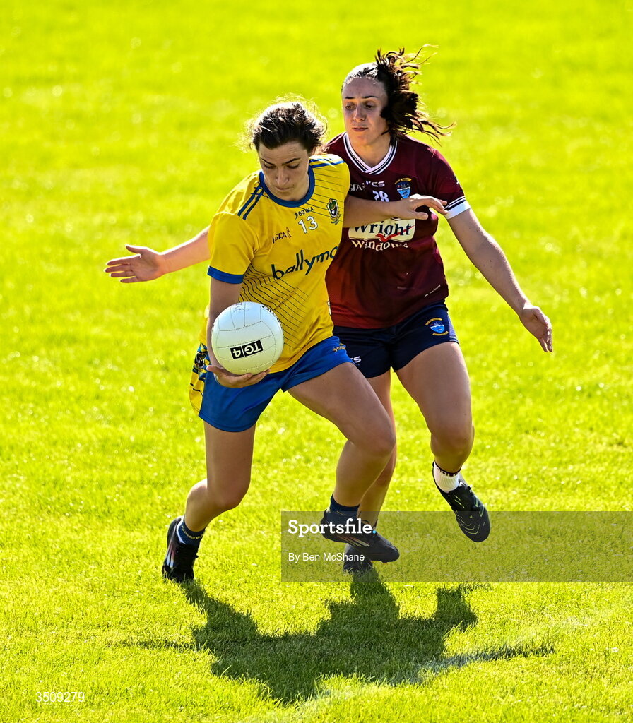 12 July 2026; Roise Lennon of Roscommon in action against Ashley Ruane of Westmeath during the LGFA TG4 All-Ireland Intermediate Championship semi-final match between Roscommon and Westmeath at Kingspan Breffni in Cavan. Photo by Ben McShane/Sportsfile