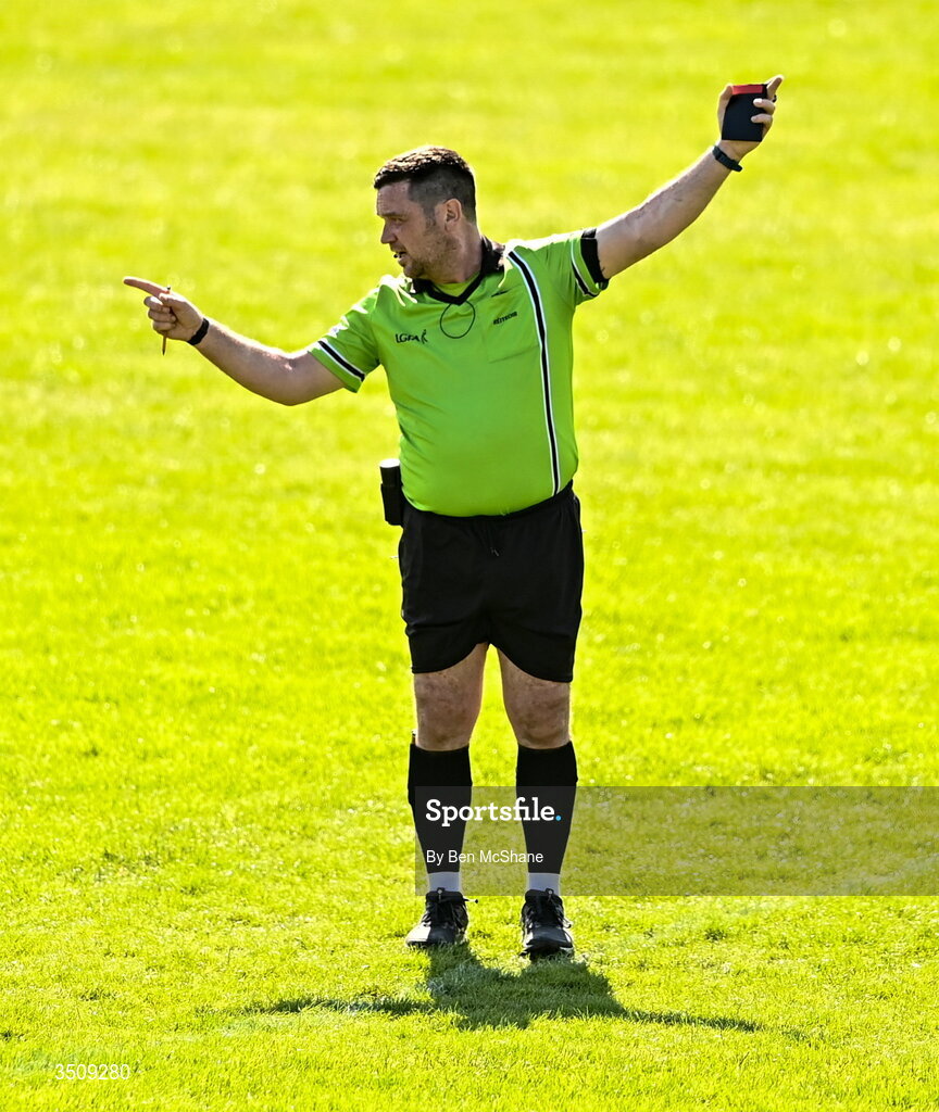 12 July 2026; Referee David Hurson during the LGFA TG4 All-Ireland Intermediate Championship semi-final match between Roscommon and Westmeath at Kingspan Breffni in Cavan. Photo by Ben McShane/Sportsfile