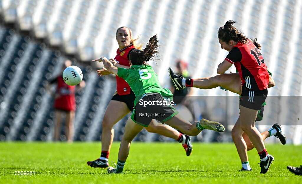 12 July 2026; Eva Hicks of Down has a shot blocked by Aisling Keenan of Fermanagh during the LGFA TG4 All-Ireland Intermediate Championship semi-final match between Down and Fermanagh at St Tiernach’s Park in Clones, Monaghan. Photo by Tyler Miller/Sportsfile
