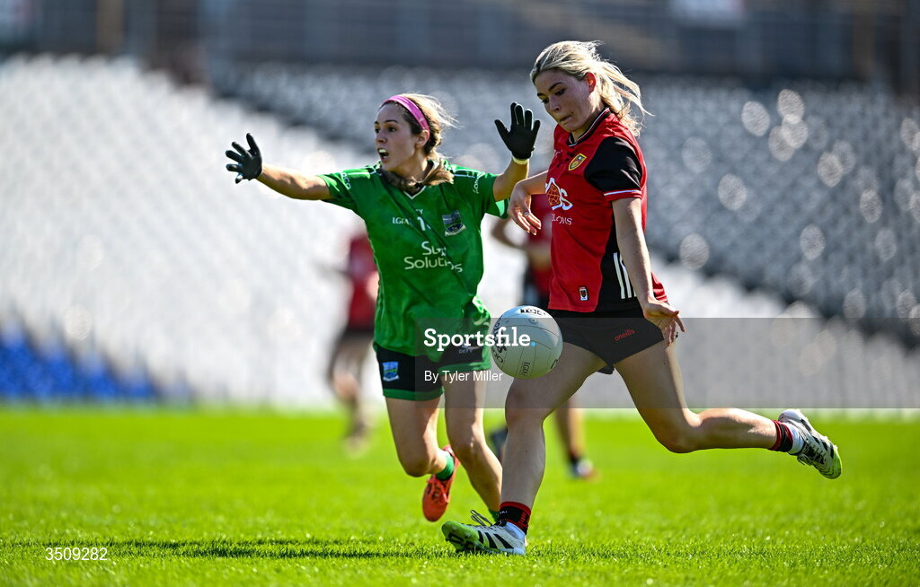 12 July 2026; Niamh McClory of Down in action against Sarah Britton of Fermanagh during the LGFA TG4 All-Ireland Intermediate Championship semi-final match between Down and Fermanagh at St Tiernach’s Park in Clones, Monaghan. Photo by Tyler Miller/Sportsfile