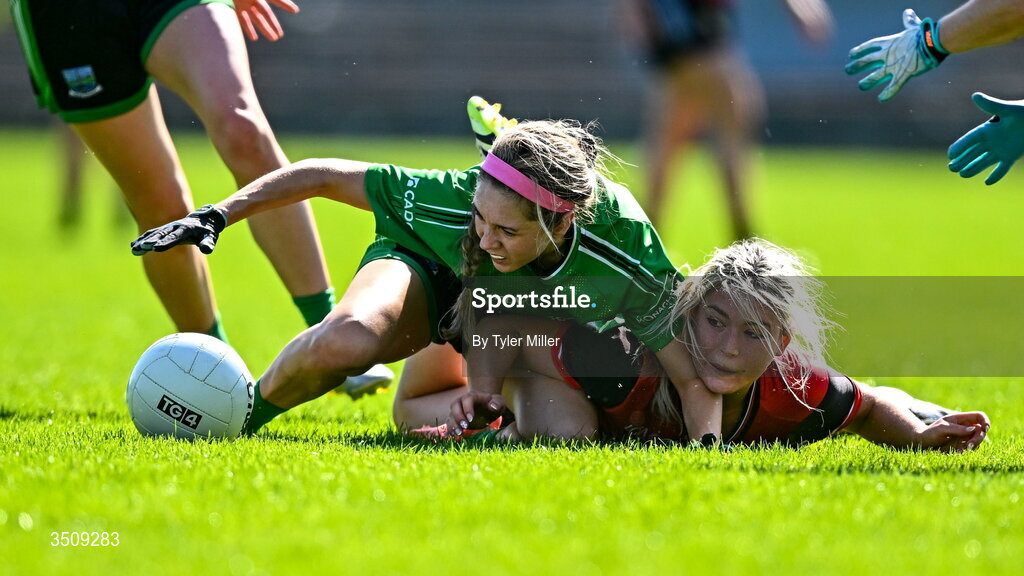 12 July 2026; Sarah Britton of Fermanagh in action against Niamh McClory of Down during the LGFA TG4 All-Ireland Intermediate Championship semi-final match between Down and Fermanagh at St Tiernach’s Park in Clones, Monaghan. Photo by Tyler Miller/Sportsfile
