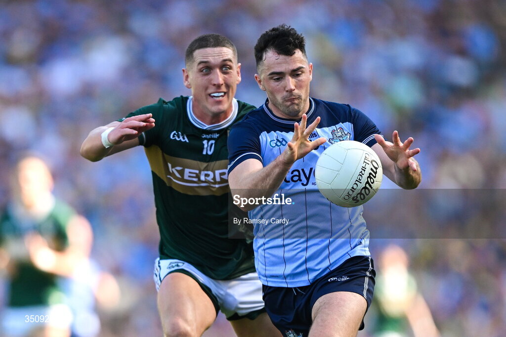 12 July 2026; Colm Basquel of Dublin in action against Joe O'Connor of Kerry during the GAA Football All-Ireland Senior Championship semi-final match between Dublin and Kerry at Croke Park in Dublin. Photo by Ramsey Cardy/Sportsfile