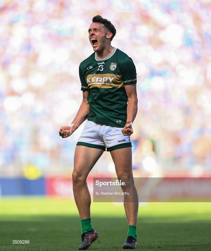 12 July 2026; David Clifford of Kerry celebrates a score during the GAA Football All-Ireland Senior Championship semi-final match between Dublin and Kerry at Croke Park in Dublin. Photo by Stephen McCarthy/Sportsfile