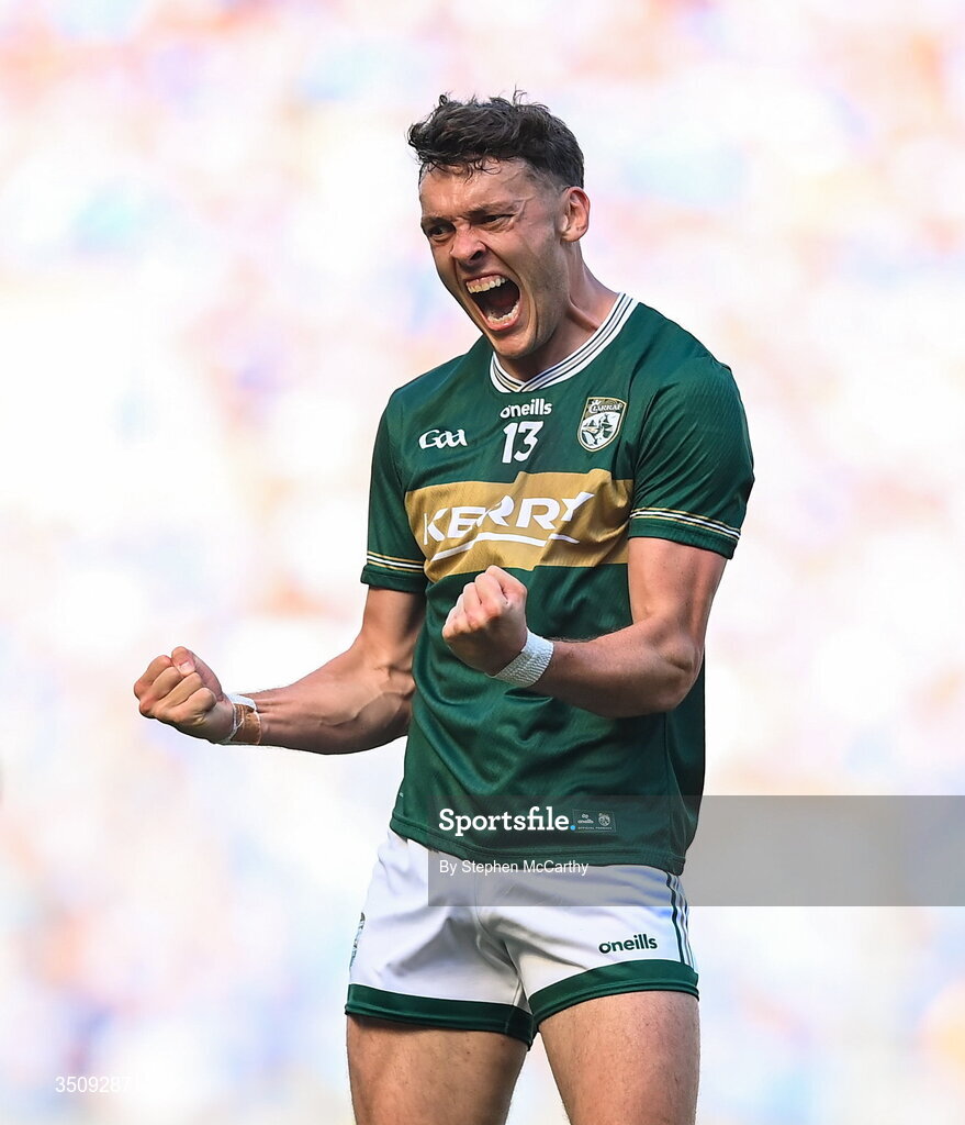 12 July 2026; David Clifford of Kerry celebrates a score during the GAA Football All-Ireland Senior Championship semi-final match between Dublin and Kerry at Croke Park in Dublin. Photo by Stephen McCarthy/Sportsfile