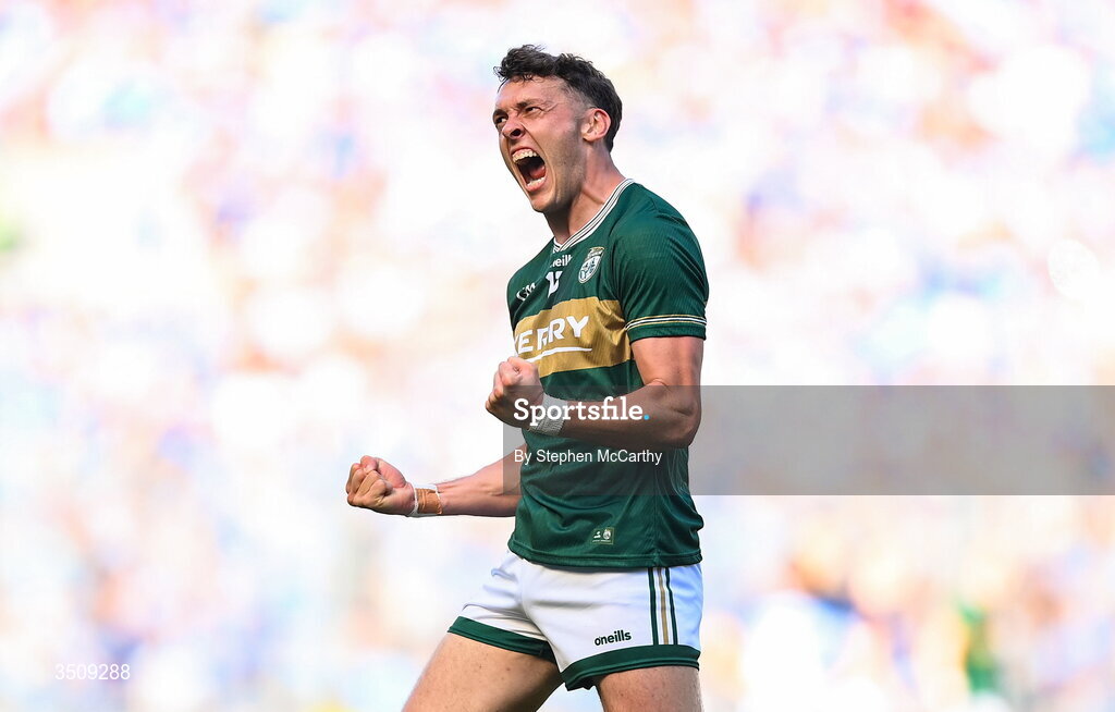 12 July 2026; David Clifford of Kerry celebrates a score during the GAA Football All-Ireland Senior Championship semi-final match between Dublin and Kerry at Croke Park in Dublin. Photo by Stephen McCarthy/Sportsfile