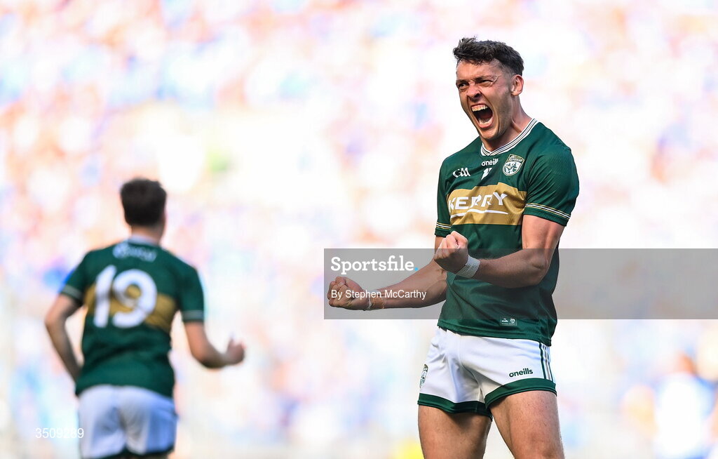 12 July 2026; David Clifford of Kerry celebrates a score during the GAA Football All-Ireland Senior Championship semi-final match between Dublin and Kerry at Croke Park in Dublin. Photo by Stephen McCarthy/Sportsfile