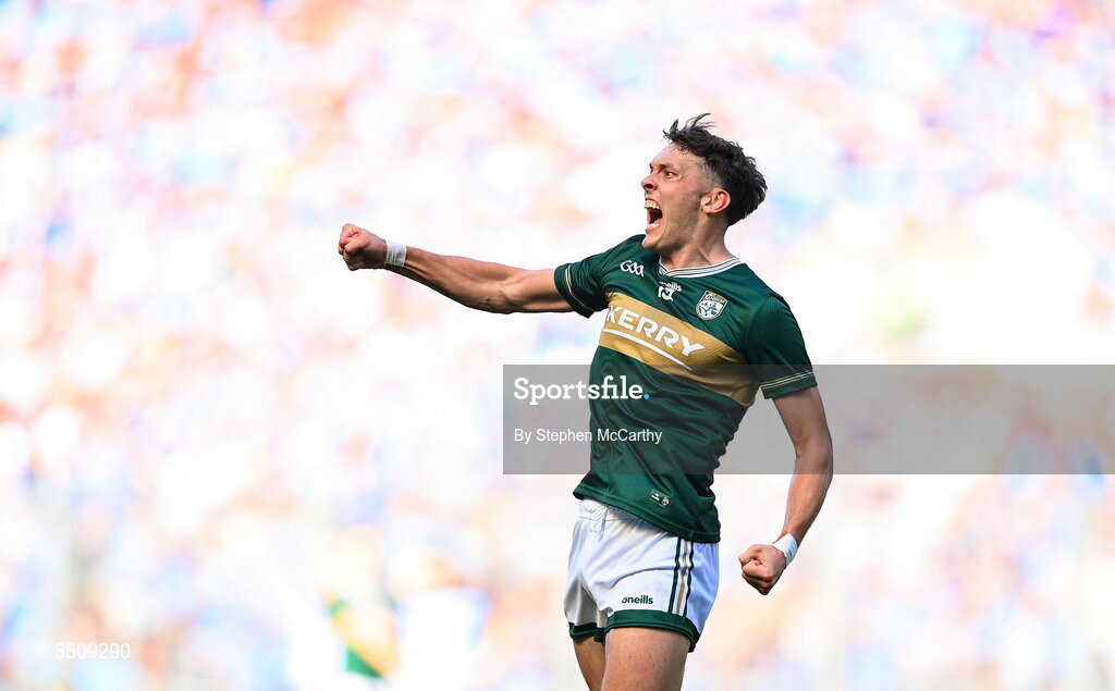 12 July 2026; David Clifford of Kerry celebrates a score during the GAA Football All-Ireland Senior Championship semi-final match between Dublin and Kerry at Croke Park in Dublin. Photo by Stephen McCarthy/Sportsfile