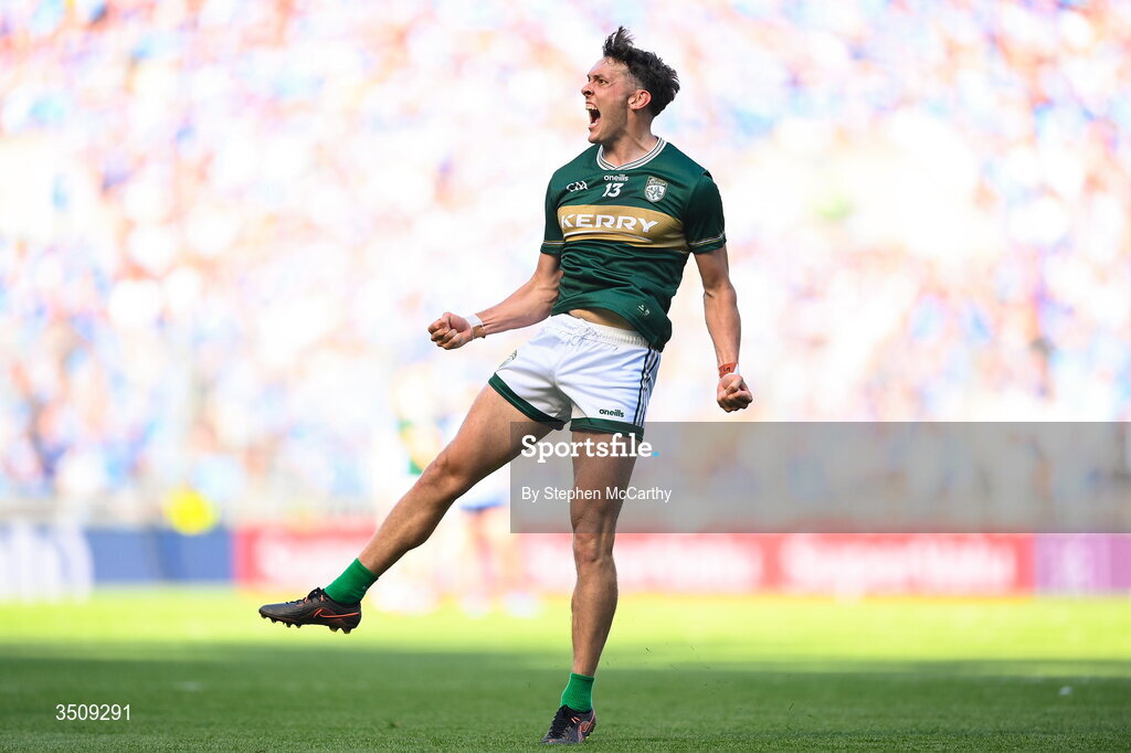 12 July 2026; David Clifford of Kerry celebrates a score during the GAA Football All-Ireland Senior Championship semi-final match between Dublin and Kerry at Croke Park in Dublin. Photo by Stephen McCarthy/Sportsfile