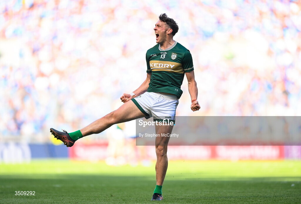 12 July 2026; David Clifford of Kerry celebrates a score during the GAA Football All-Ireland Senior Championship semi-final match between Dublin and Kerry at Croke Park in Dublin. Photo by Stephen McCarthy/Sportsfile