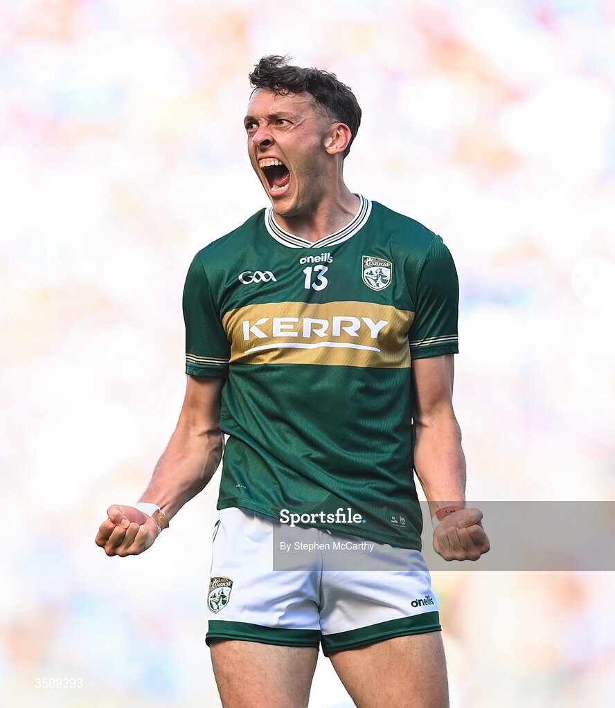 12 July 2026; David Clifford of Kerry celebrates a score during the GAA Football All-Ireland Senior Championship semi-final match between Dublin and Kerry at Croke Park in Dublin. Photo by Stephen McCarthy/Sportsfile