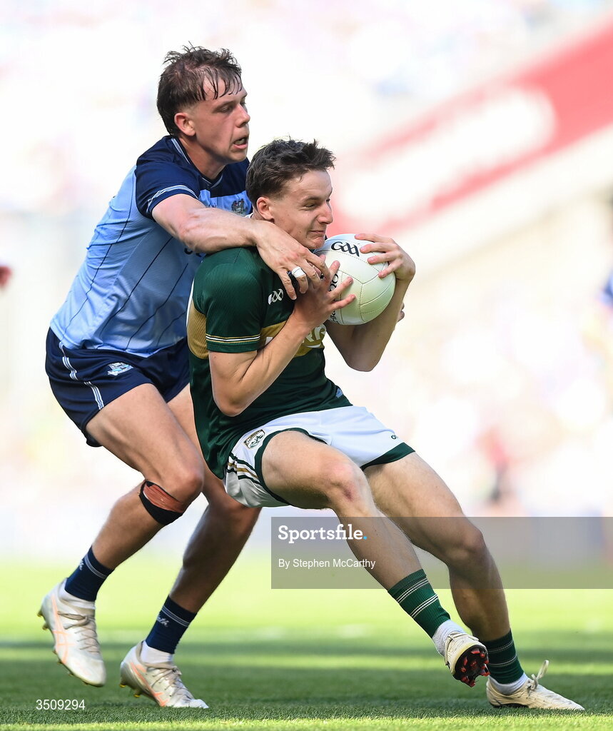 12 July 2026; Keith Evans of Kerry in action against Charlie McMorrow of Dublin during the GAA Football All-Ireland Senior Championship semi-final match between Dublin and Kerry at Croke Park in Dublin. Photo by Stephen McCarthy/Sportsfile