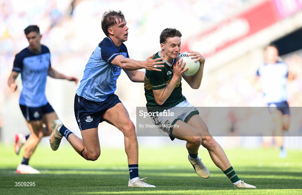 12 July 2026; Keith Evans of Kerry in action against Charlie McMorrow of Dublin during the GAA Football All-Ireland Senior Championship semi-final match between Dublin and Kerry at Croke Park in Dublin. Photo by Stephen McCarthy/Sportsfile