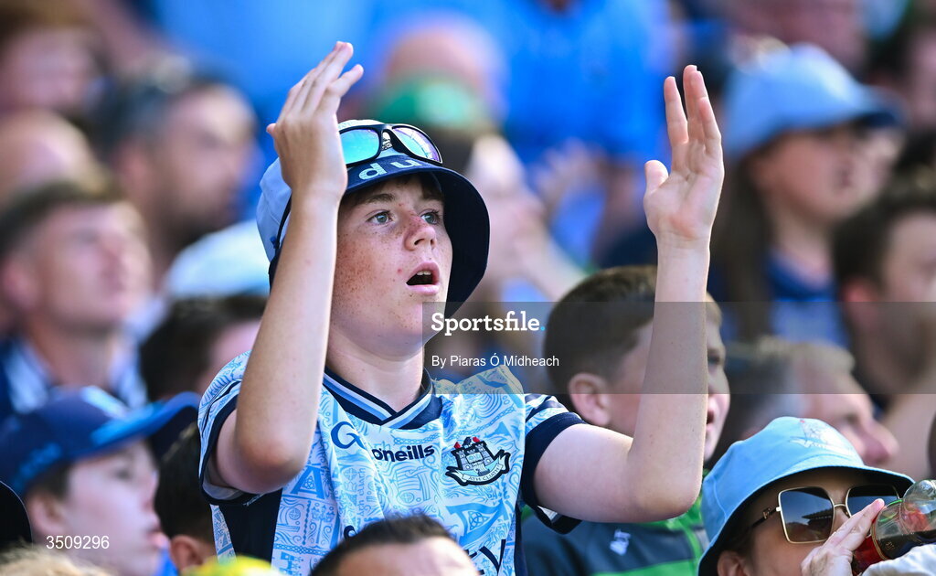 12 July 2026; A Dublin supporter reacts after Kerry's second goal during the GAA Football All-Ireland Senior Championship semi-final match between Dublin and Kerry at Croke Park in Dublin. Photo by Piaras Ó Mídheach/Sportsfile