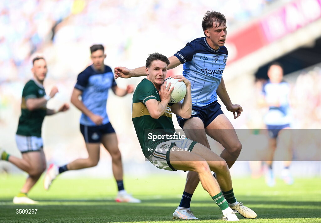 12 July 2026; Keith Evans of Kerry in action against Charlie McMorrow of Dublin during the GAA Football All-Ireland Senior Championship semi-final match between Dublin and Kerry at Croke Park in Dublin. Photo by Stephen McCarthy/Sportsfile