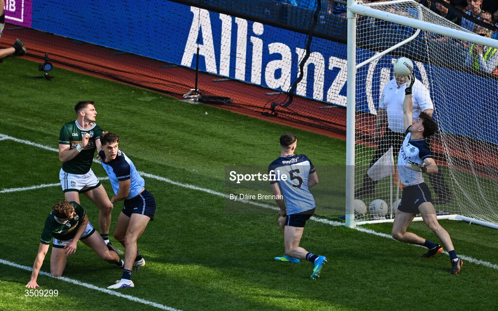 12 July 2026; Seán O'Brien of Kerry scores his side's second goal during the GAA Football All-Ireland Senior Championship semi-final match between Dublin and Kerry at Croke Park in Dublin. Photo by Dáire Brennan/Sportsfile