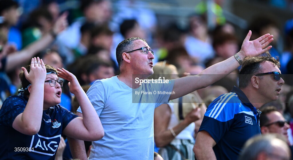 12 July 2026; Dublin supporters reacts after Kerry's second goal during the GAA Football All-Ireland Senior Championship semi-final match between Dublin and Kerry at Croke Park in Dublin. Photo by Piaras Ó Mídheach/Sportsfile