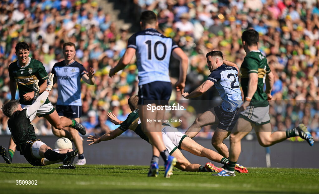 12 July 2026; Ross McGarry of Dublin has a shot at goal saved by Kerry goalkeeper Shane Murphy during the GAA Football All-Ireland Senior Championship semi-final match between Dublin and Kerry at Croke Park in Dublin. Photo by Ramsey Cardy/Sportsfile