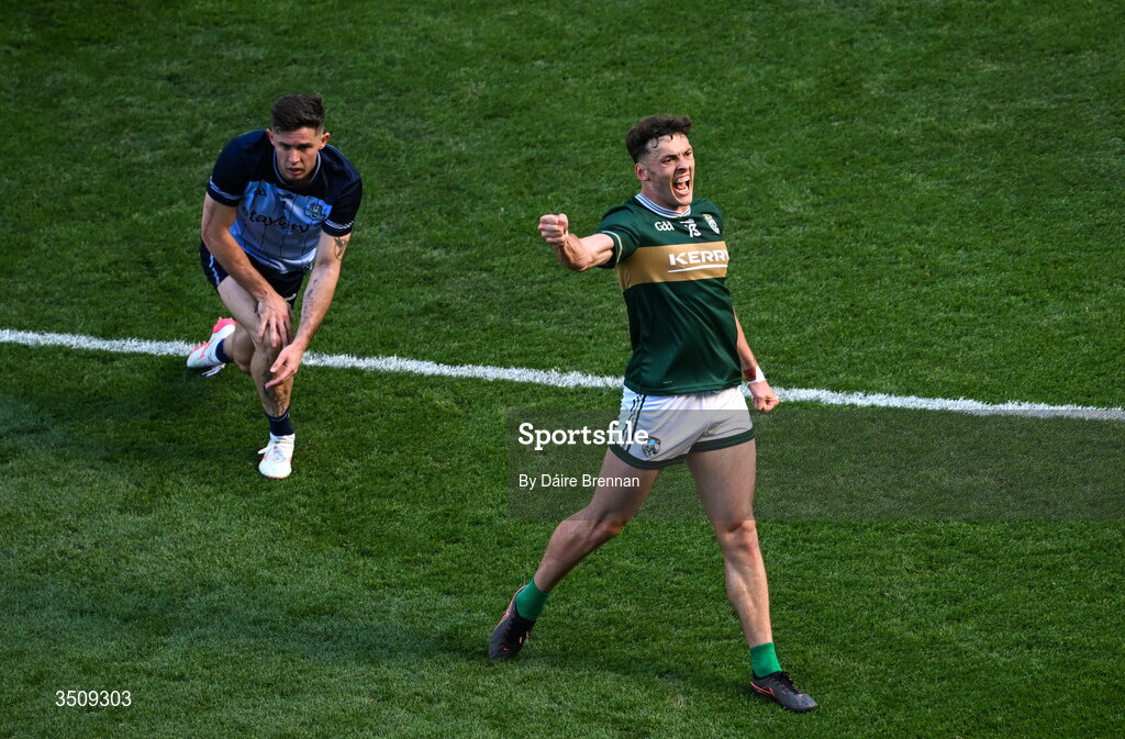 12 July 2026; David Clifford of Kerry celebrates after scoring a two-pointer during the GAA Football All-Ireland Senior Championship semi-final match between Dublin and Kerry at Croke Park in Dublin. Photo by Dáire Brennan/Sportsfile