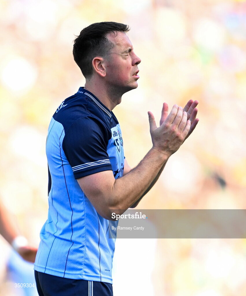 12 July 2026; Cormac Costello of Dublin reacts after a missed chance during the GAA Football All-Ireland Senior Championship semi-final match between Dublin and Kerry at Croke Park in Dublin. Photo by Ramsey Cardy/Sportsfile