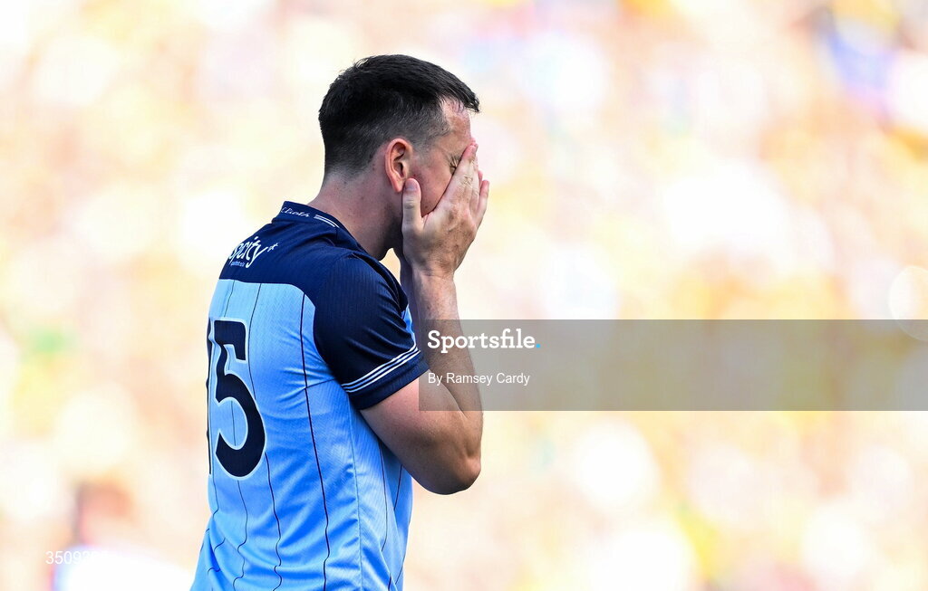 12 July 2026; Cormac Costello of Dublin reacts after a missed chance during the GAA Football All-Ireland Senior Championship semi-final match between Dublin and Kerry at Croke Park in Dublin. Photo by Ramsey Cardy/Sportsfile