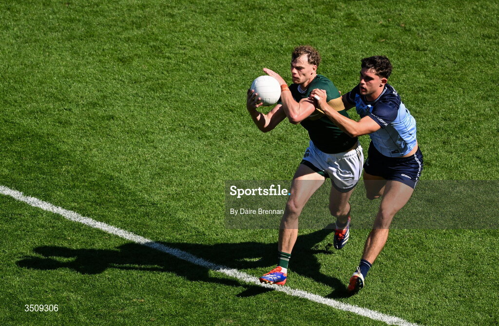 12 July 2026; Mark O'Shea of Kerry in action against Theo Clancy of Dublin during the GAA Football All-Ireland Senior Championship semi-final match between Dublin and Kerry at Croke Park in Dublin. Photo by Dáire Brennan/Sportsfile