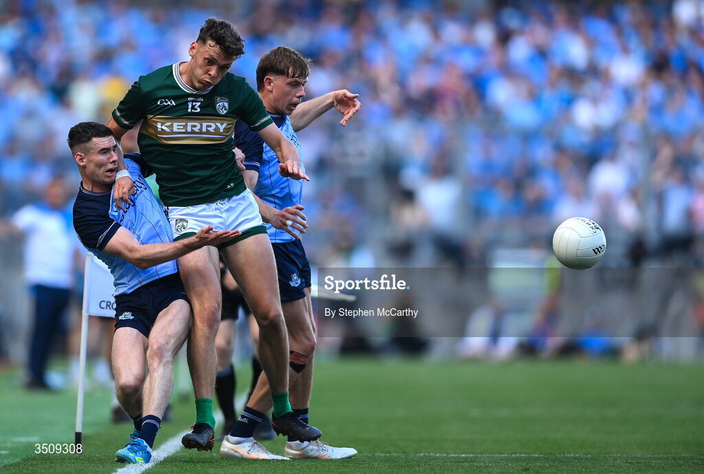 12 July 2026; David Clifford of Kerry in action against Dublin players Lee Gannon, left, and Charlie McMorrow during the GAA Football All-Ireland Senior Championship semi-final match between Dublin and Kerry at Croke Park in Dublin. Photo by Stephen McCarthy/Sportsfile