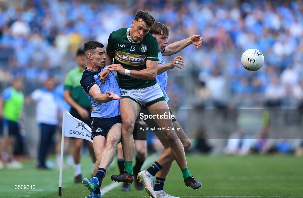 12 July 2026; David Clifford of Kerry in action against Dublin players Lee Gannon, left, and Charlie McMorrow during the GAA Football All-Ireland Senior Championship semi-final match between Dublin and Kerry at Croke Park in Dublin. Photo by Stephen McCarthy/Sportsfile