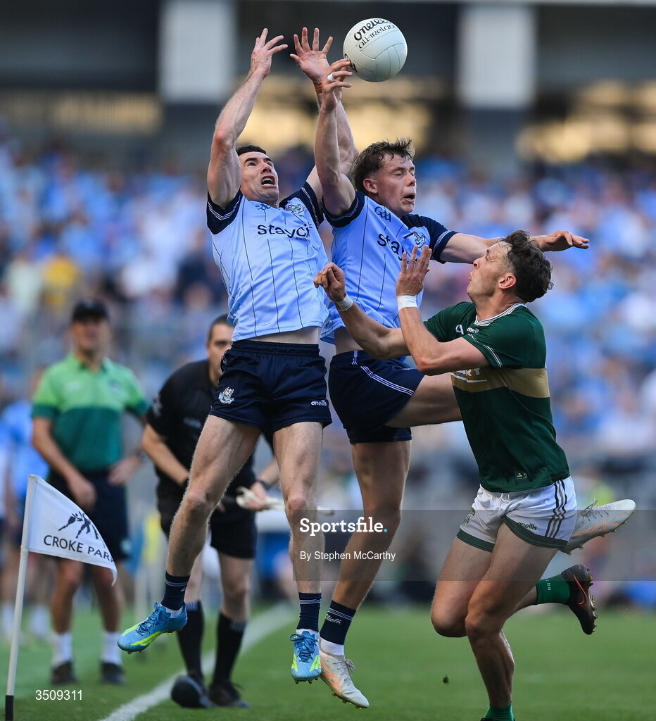 12 July 2026; David Clifford of Kerry in action against Dublin players Lee Gannon, left, and Charlie McMorrow during the GAA Football All-Ireland Senior Championship semi-final match between Dublin and Kerry at Croke Park in Dublin. Photo by Stephen McCarthy/Sportsfile