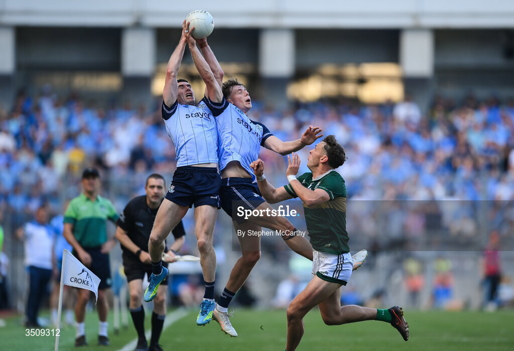 12 July 2026; David Clifford of Kerry in action against Dublin players Lee Gannon, left, and Charlie McMorrow during the GAA Football All-Ireland Senior Championship semi-final match between Dublin and Kerry at Croke Park in Dublin. Photo by Stephen McCarthy/Sportsfile