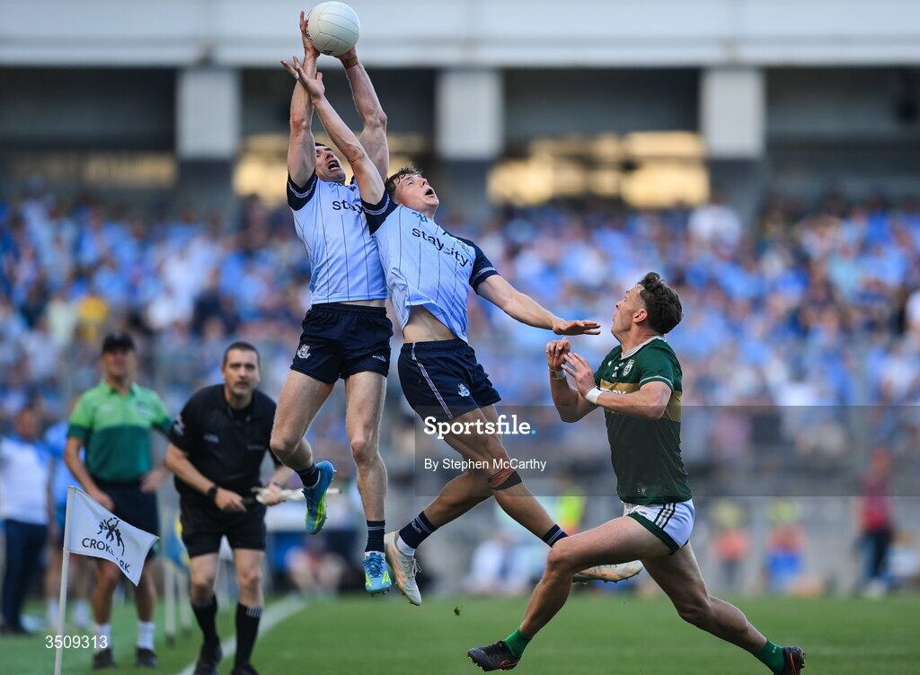 12 July 2026; David Clifford of Kerry in action against Dublin players Lee Gannon, left, and Charlie McMorrow during the GAA Football All-Ireland Senior Championship semi-final match between Dublin and Kerry at Croke Park in Dublin. Photo by Stephen McCarthy/Sportsfile