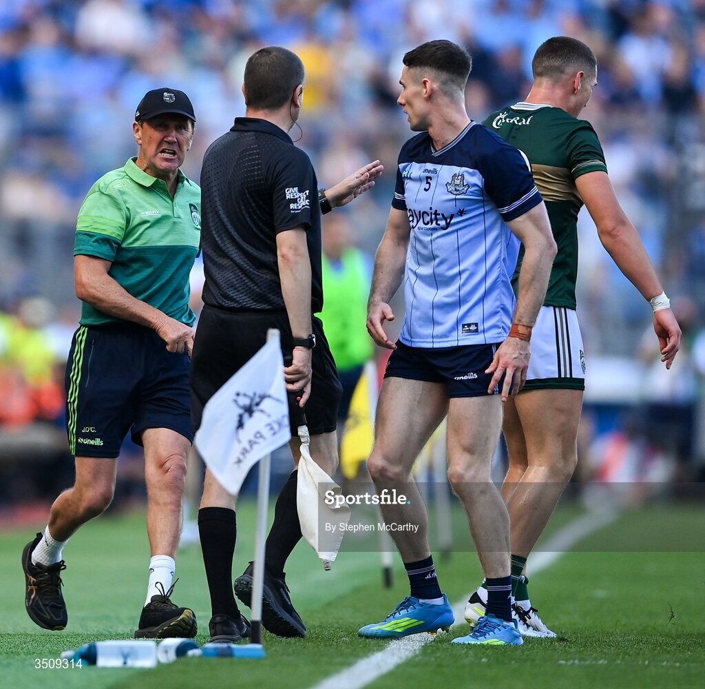 12 July 2026; Kerry manager Jack O'Connor appeals to match officials during the GAA Football All-Ireland Senior Championship semi-final match between Dublin and Kerry at Croke Park in Dublin. Photo by Stephen McCarthy/Sportsfile