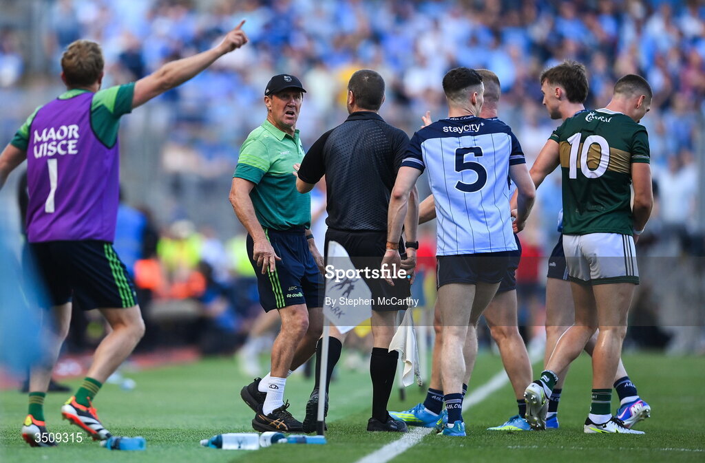 12 July 2026; Kerry manager Jack O'Connor appeals to match officials during the GAA Football All-Ireland Senior Championship semi-final match between Dublin and Kerry at Croke Park in Dublin. Photo by Stephen McCarthy/Sportsfile