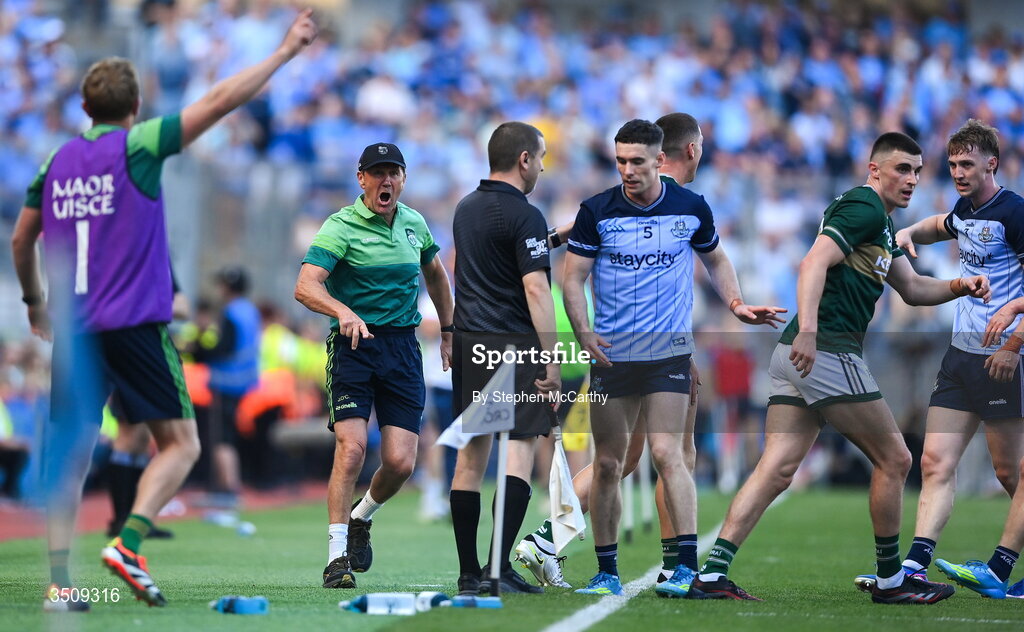 12 July 2026; Kerry manager Jack O'Connor appeals to match officials during the GAA Football All-Ireland Senior Championship semi-final match between Dublin and Kerry at Croke Park in Dublin. Photo by Stephen McCarthy/Sportsfile