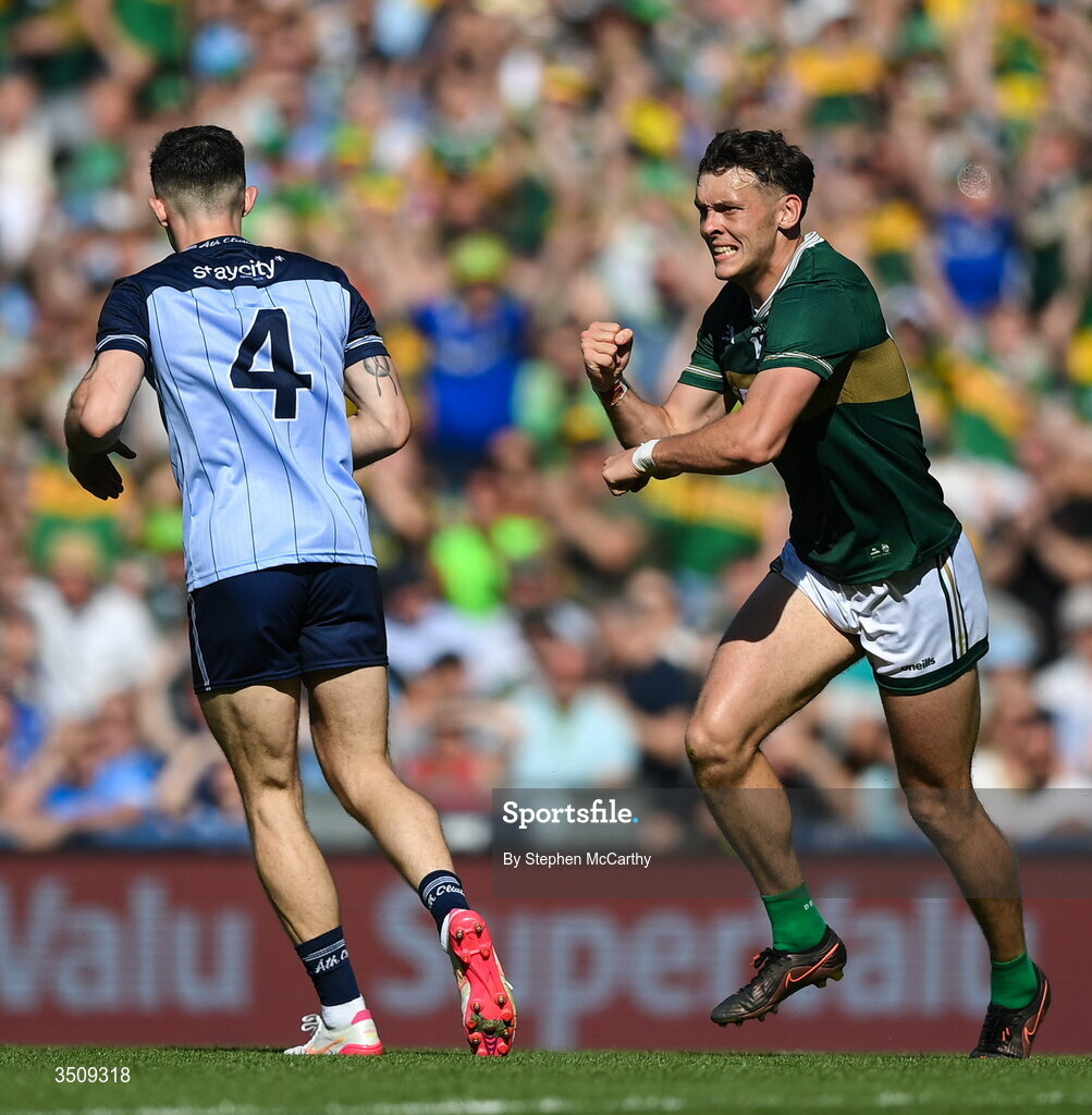 12 July 2026; David Clifford of Kerry reacts during the GAA Football All-Ireland Senior Championship semi-final match between Dublin and Kerry at Croke Park in Dublin. Photo by Stephen McCarthy/Sportsfile