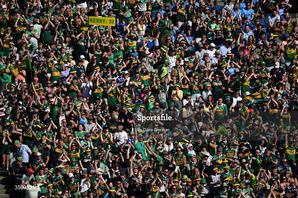 12 July 2026; Kerry supporters celebrate on Hill 16 during the GAA Football All-Ireland Senior Championship semi-final match between Dublin and Kerry at Croke Park in Dublin. Photo by Dáire Brennan/Sportsfile