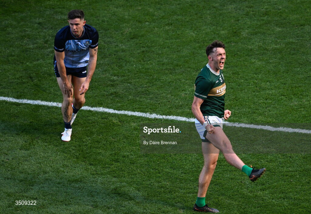 12 July 2026; David Clifford of Kerry celebrates after kicking a two-point score during the GAA Football All-Ireland Senior Championship semi-final match between Dublin and Kerry at Croke Park in Dublin. Photo by Dáire Brennan/Sportsfile