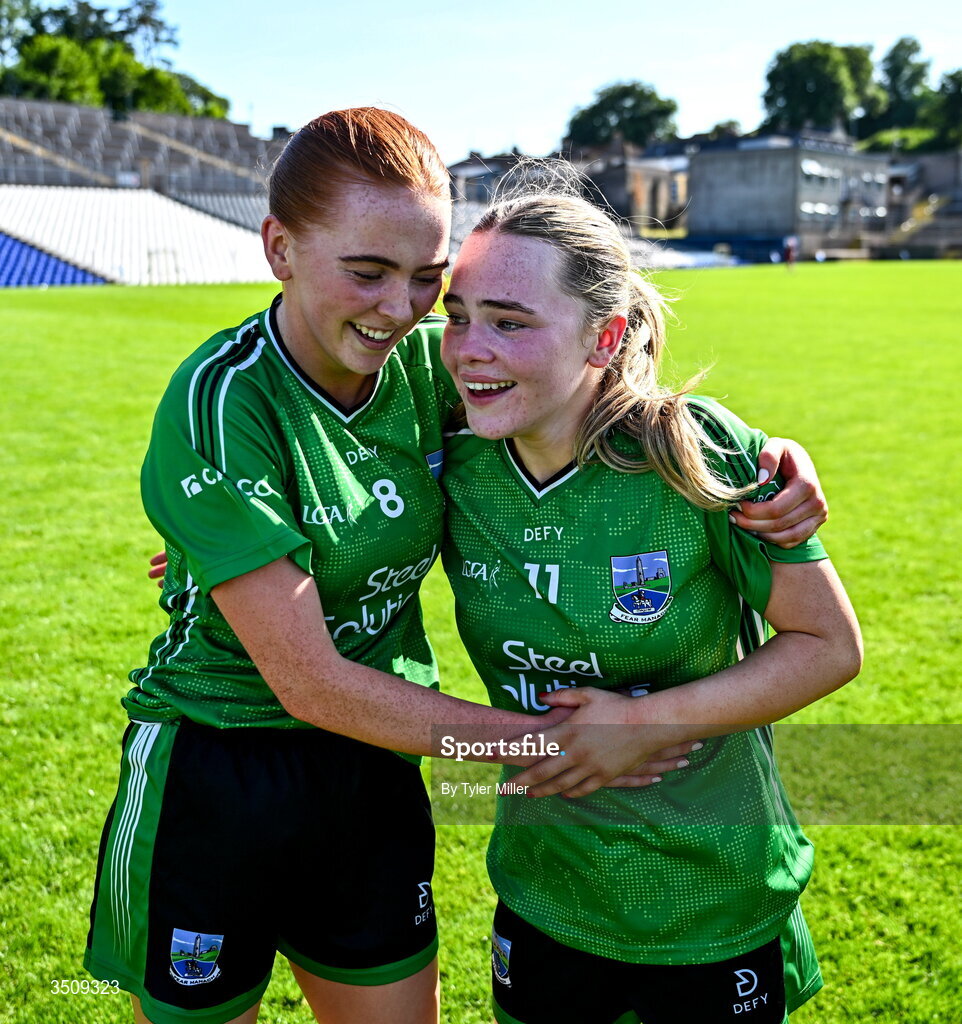 12 July 2026; Aine McCarney, left, and Niamh McManus of Fermanagh celebrate after the LGFA TG4 All-Ireland Intermediate Championship semi-final match between Down and Fermanagh at St Tiernach’s Park in Clones, Monaghan. Photo by Tyler Miller/Sportsfile