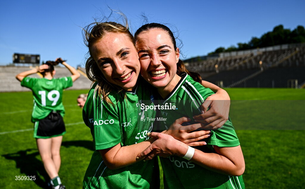 12 July 2026; Caoimhe Gallagher, left, and Aisling Keenan of Fermanagh celebrate after the LGFA TG4 All-Ireland Intermediate Championship semi-final match between Down and Fermanagh at St Tiernach’s Park in Clones, Monaghan. Photo by Tyler Miller/Sportsfile