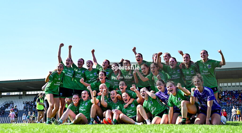 12 July 2026; The Fermanagh team celebrate after the LGFA TG4 All-Ireland Intermediate Championship semi-final match between Down and Fermanagh at St Tiernach’s Park in Clones, Monaghan. Photo by Tyler Miller/Sportsfile