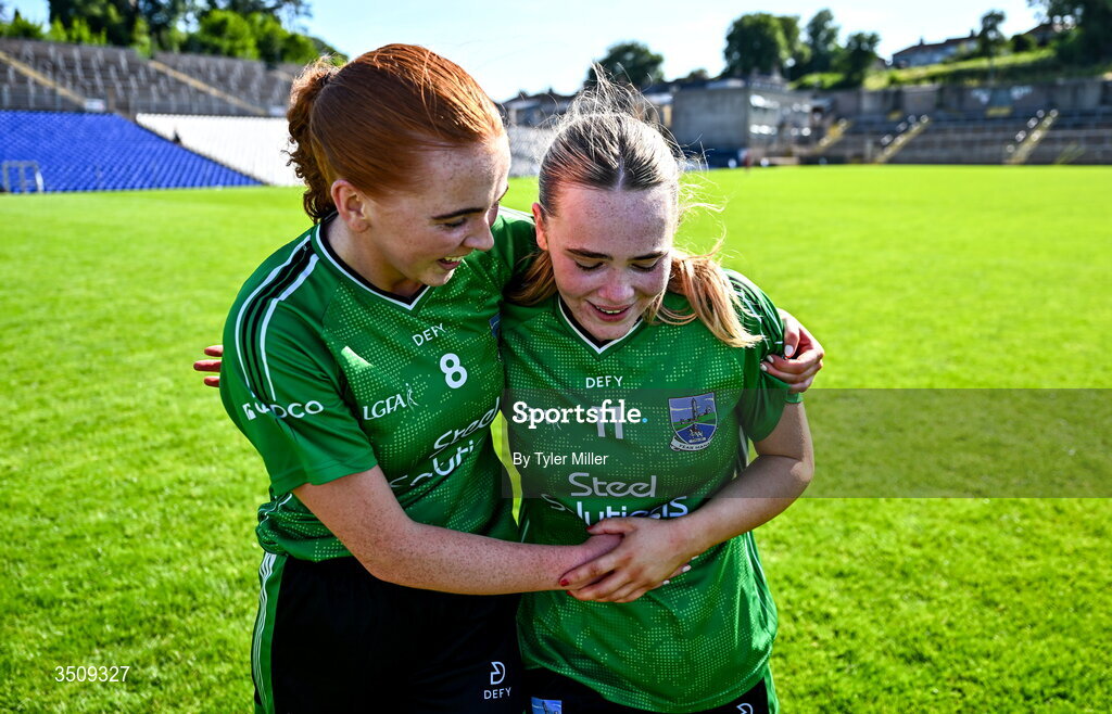 12 July 2026; Aine McCarney, left, and Niamh McManus of Fermanagh celebrate after the LGFA TG4 All-Ireland Intermediate Championship semi-final match between Down and Fermanagh at St Tiernach’s Park in Clones, Monaghan. Photo by Tyler Miller/Sportsfile